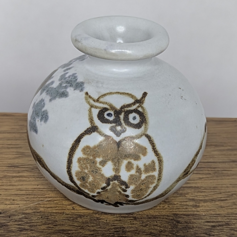 Signed Paskal Vintage Studio Pottery Ceramic Small Bud Vase With Owl and Trees